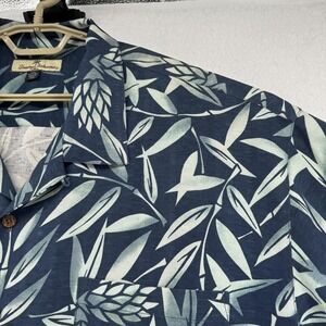 Tommy Bahama Shirt Mens 2XL Blue Silk Leaf Print Hawaiian Camp Button Up Casual